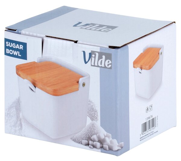 VILDE Hranatá keramická cukornička /solnička s bambusovým viečkom a lyžičkou, 250ml VILDE, biela