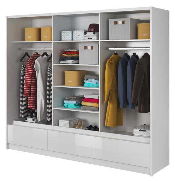 Šatníková trojdverová skriňa WALTON I so zrkadlom biela + biely lesk 250 cm