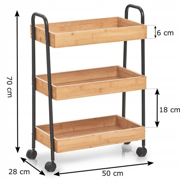 Zeller Present Pojazdný regál, vozík s 3 úložnými boxmi, bambus, čierny kov TROLLEY