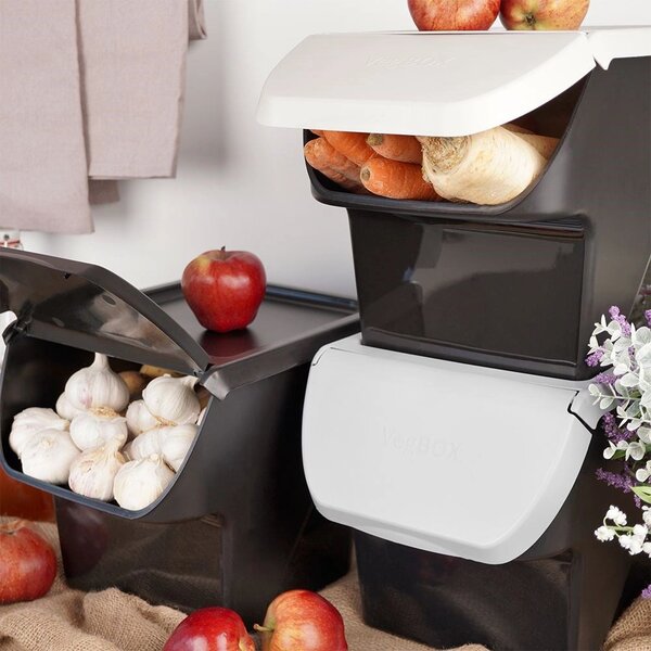 VILDE Sada 2ks úložných boxov VEGBOX na zemiaky a zeleninu s vetraním, VEGBOX čierny+sivý (14l )
