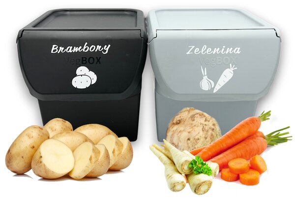 VILDE Sada 2ks úložných boxov VEGBOX na zemiaky a zeleninu s vetraním, VEGBOX čierny+sivý (14l )