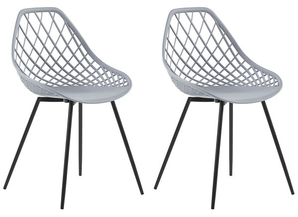 Sada 2 jedálenských stoličiek sivá syntetická stolička čierne kovové nohy sieťované operadlo moderný škandinávsky štýl