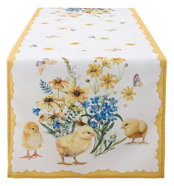Textilný obrus - behúň v krásnej žlto-bielej farbe s dekorom kuriatok v schaby chic romantickom štýle 45 x 150 cm Blanc Maricló 42559