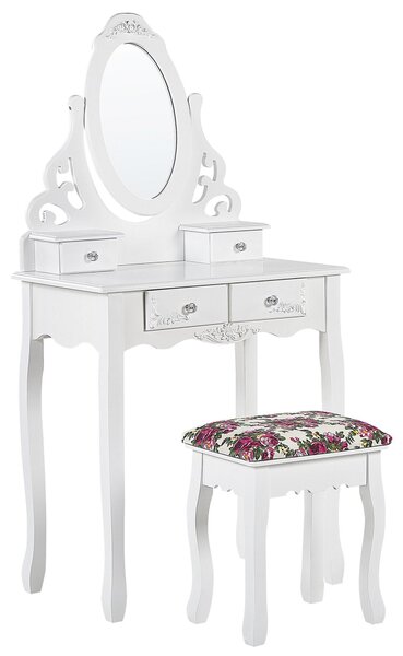 Toaletný stolík biely 4 zásuvky oválne zrkadlo pre spálňu štýl glamour