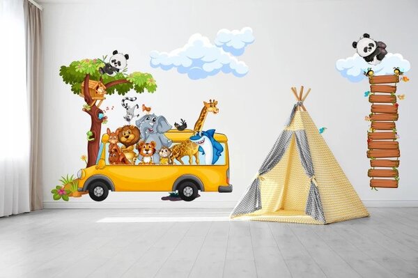 Nálepka pre deti veselé safari zvieratká cestujúce v autobuse 60 x 120 cm