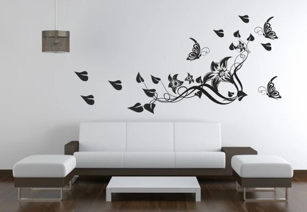 Nálepka na stenu do interiéru s motívom kvetov, motýľov a listov