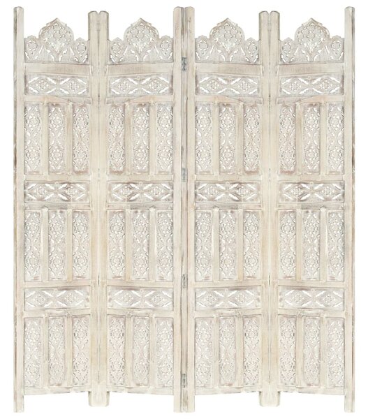 Ručne vyrezávaný 4-panelový paraván biely 160x165 cm mangovníkový masív