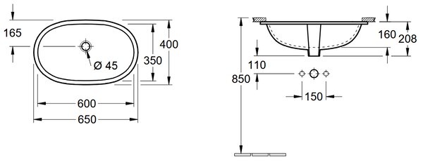 Villeroy & Boch O.novo - Umývadlo na zabudovanie zospodu 600x350x208 mm, s prepadom, alpská biela 41626001