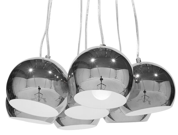 Závesná lampa strieborná kovová na 7 žiaroviek okrúhle tienidlá na strop moderný štýl obývačka kuchyňa