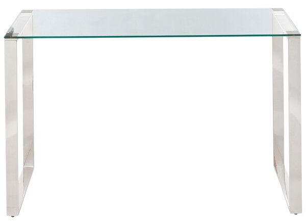 Konzolový stolík priehľadná stolová doska strieborné nohy z nehrdzavejúcej ocele 75 x 40 cm glamour moderná obývačka spálňa chodba