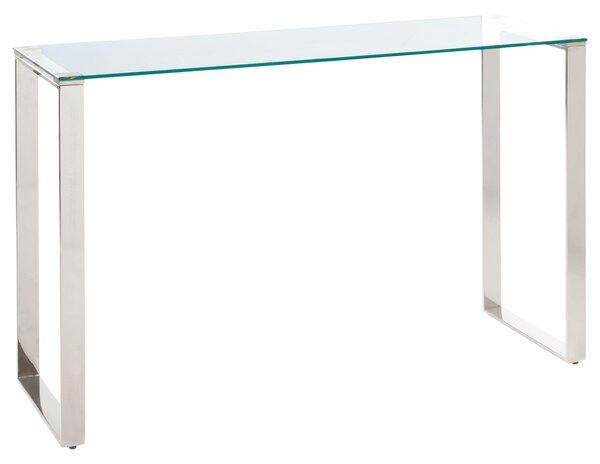 Konzolový stolík priehľadná stolová doska strieborné nohy z nehrdzavejúcej ocele 75 x 40 cm glamour moderná obývačka spálňa chodba