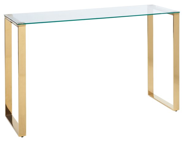Konzolový stolík priehľadná stolová doska zlaté nohy z nehrdzavejúcej ocele 75 x 40 cm glamour moderná obývačka spálňa chodba