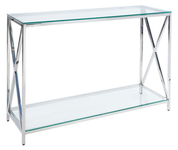 Konzolový stolík priehľadná stolová doska strieborné nohy z nehrdzavejúcej ocele 78 x 40 cm glamour moderná obývačka spálňa chodba