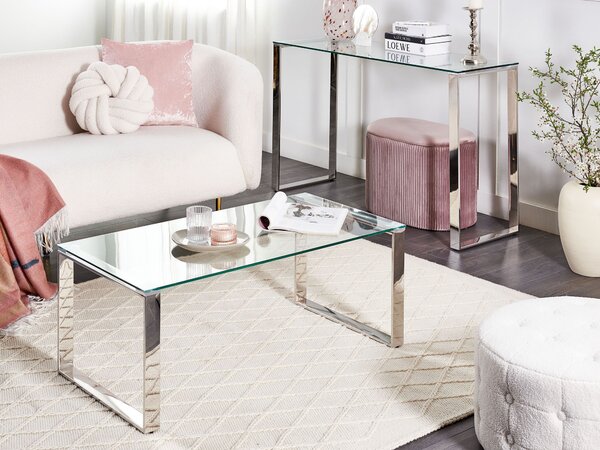 Konferenčný stolík priehľadná stolová doska strieborné nohy z nehrdzavejúcej ocele 50 x 40 cm glamour moderná obývačka spálňa chodba
