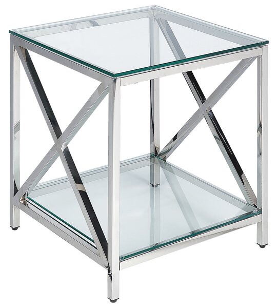 Odkladací stolík priehľadná stolová doska strieborné nohy z nehrdzavejúcej ocele 50 x 45 cm glamour moderná obývačka spálňa chodba
