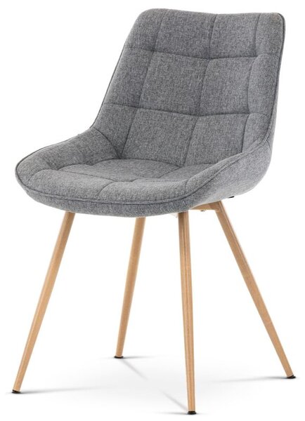 Jedálenská stolička, poťah šedá látka, kovové nohy, 3D dekor dub