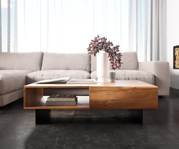 DELIFE Konferenčný stolík New Live-Edge 115x60 cm akácia prírodná 2 zásuvky 1 priehradka závesná kov čierna