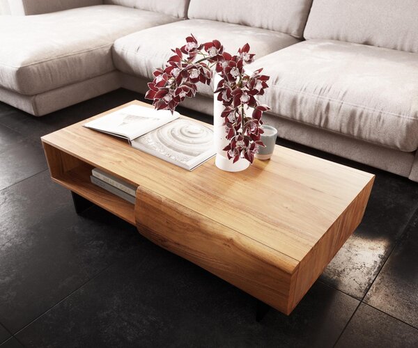 DELIFE Konferenčný stolík New Live-Edge 115x60 cm akácia prírodná 2 zásuvky 1 priehradka závesná kov čierna
