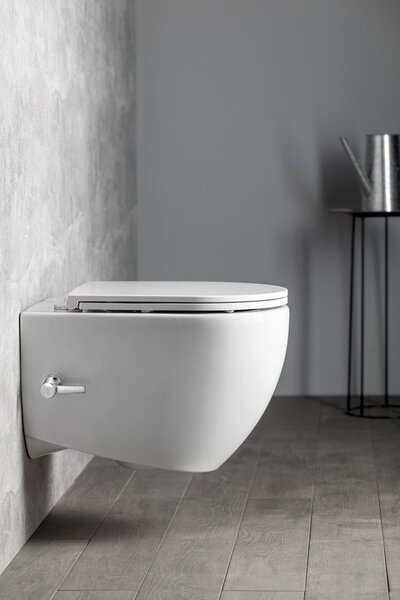Isvea Isvea, INFINITY CLEANWASH závesná WC misa, integrovaná batéria a bidetová spŕška, Rimless, 36,5x53cm, biela, 10NFS9217I
