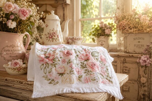 Kuchynský froté uterák s motívom kvetín - 40*66 cm - Clayre & Eef
