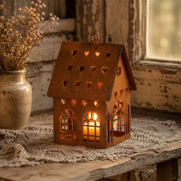 Hrdzavý svietnik v tvare domčeka Rustic Charm - 12*12*18 cm - Clayre & Eef