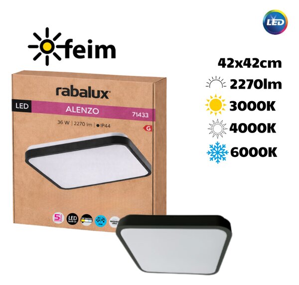 RABALUX 71433 Alenzo stropné svietidlo 420x420mm LED 36W/2270lm 3000+4000+6000K IP44 čierna, DIP switch