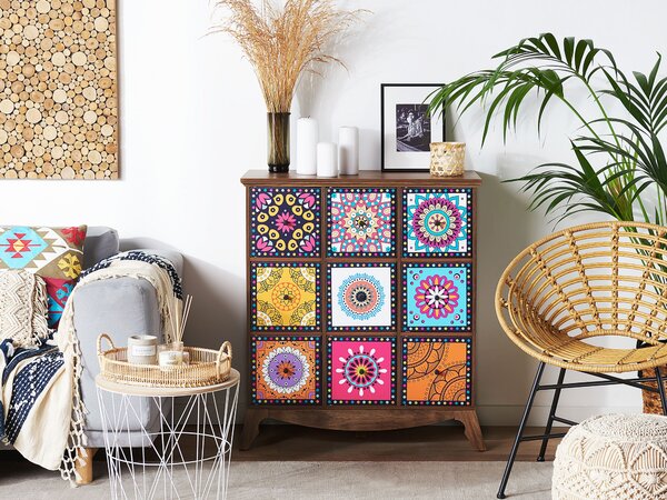 Komoda viacfarebná MDF 92 x 79 x 40 cm úložný priestor 9 zásuviek zdobené predné časti orientálny marocký boho štýl obývačka spálňa