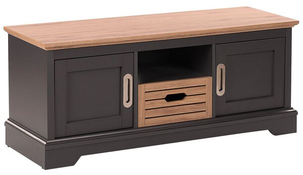 TV nábytok tmavosivá svetlá farba dreva drevovláknitá doska MDF doska kov 50 x 120 x 40 cm retro moderný štýl vzhľad dreva 2 dvere praktická obývačka