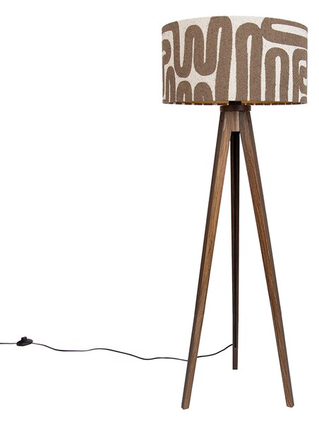 Stojacia lampa orechové drevo trojnožka s hnedým a béžovým pruhovaným tienidlom 50cm - Tripod Classic