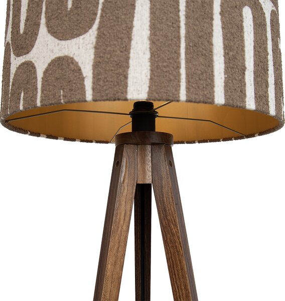 Stojacia lampa orechové drevo trojnožka s hnedým a béžovým pruhovaným tienidlom 50cm - Tripod Classic