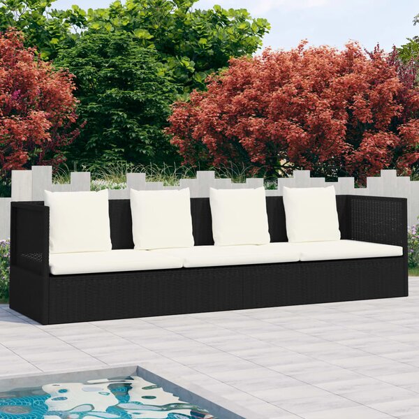 Záhradná posteľ s podložkou a vankúšmi, polyratan, čierna