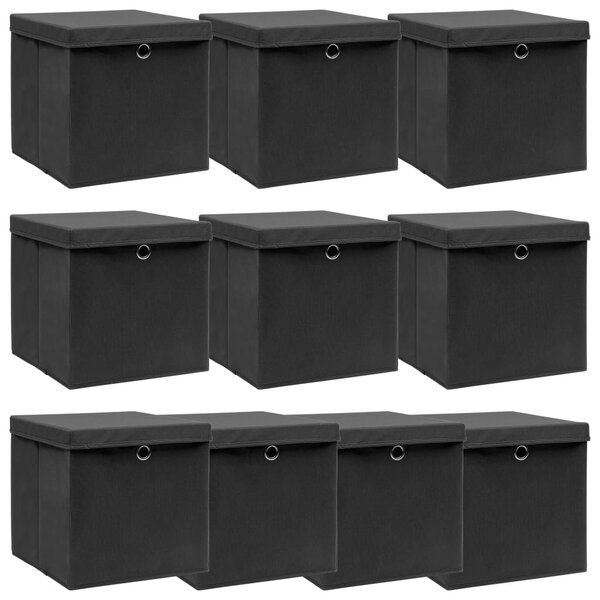Úložné boxy s vekom 10 ks, čierne 32x32x32 cm, látka