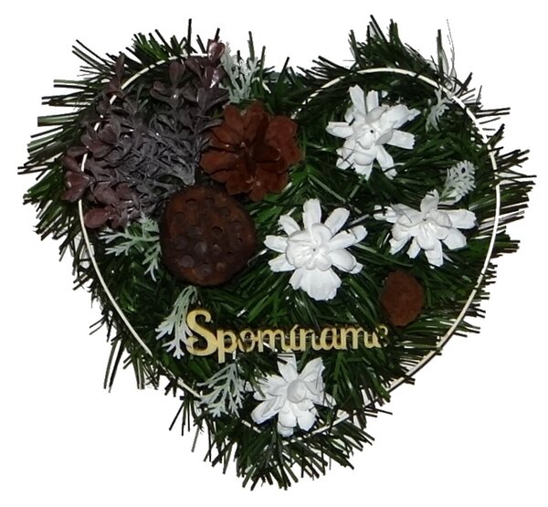 Dekorácia na hrob srdce biele kvietky Spomíname 24cm