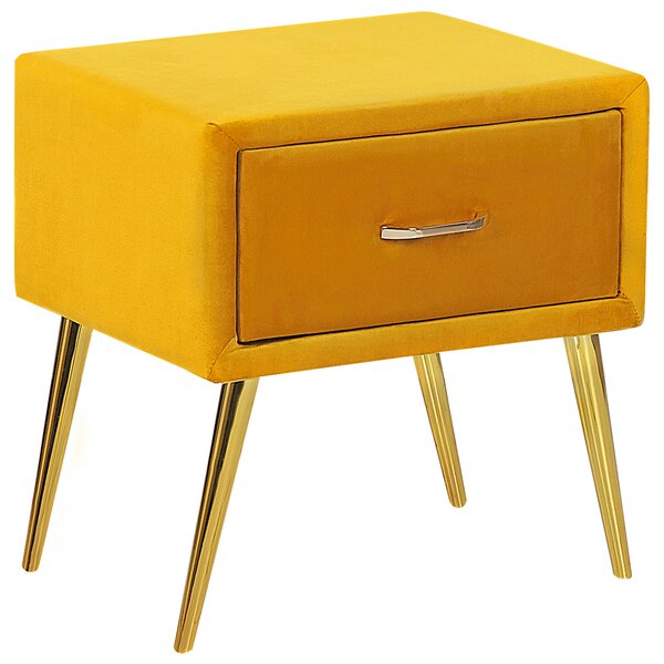 Nočný stolík žltý zamatový čalúnený nočný stolík 1 zásuvka Minimalistický dizajn Spálňový nábytok
