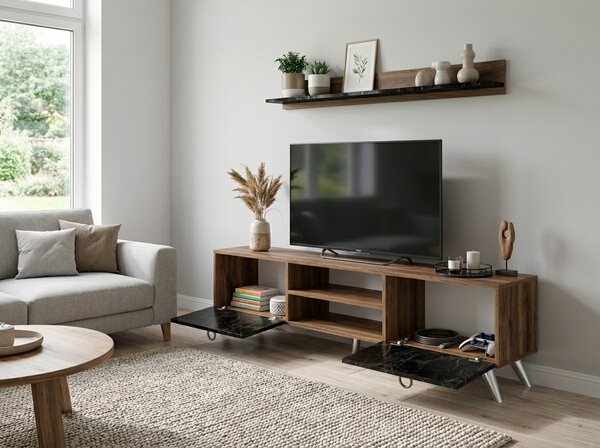 TV stolík ZEN 160 cm s nástennou policou, dekor orech/čierny mramor
