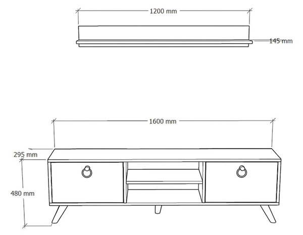 TV stolík ZEN 160 cm s nástennou policou, dekor orech/čierny mramor