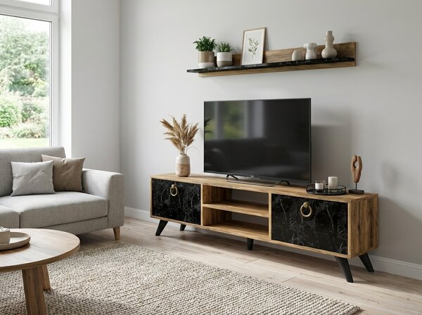 TV stolík ZEN 160 cm s nástennou policou, dekor orech/čierny mramor