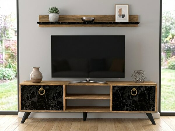 TV stolík ZEN 160 cm s nástennou policou, dekor orech/čierny mramor
