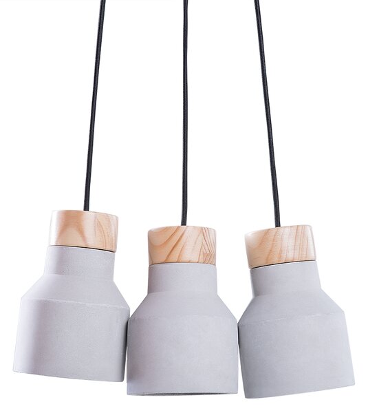 Závesná lampa zo sivého betónu a dreva s 3 lampami v priemyselnom štýle v tvare zvona