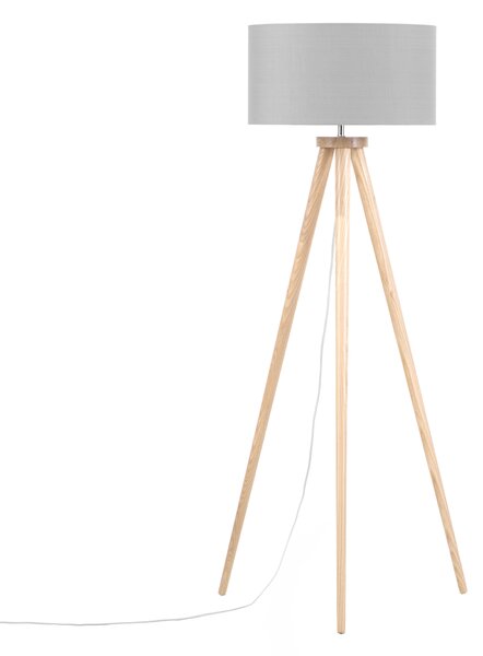 Stojaca lampa sivá svetlé drevo 140 cm statívový podstavec látkové tienidlo moderný štýl obývačka spálňa