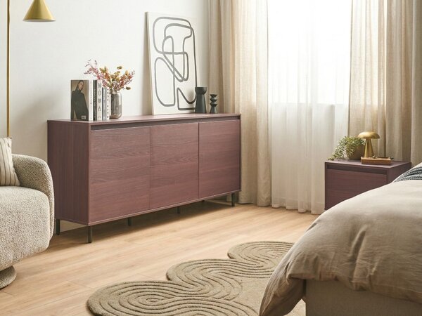 Komoda tmavohnedá MDF 165 x 75 x 40 cm čierne kovové nohy 3 dvierka úložný priestor moderný štýl obývačka spálňa