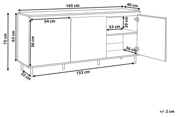 Komoda tmavohnedá MDF 165 x 75 x 40 cm čierne kovové nohy 3 dvierka úložný priestor moderný štýl obývačka spálňa