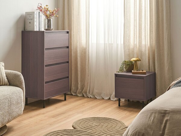 Komoda tmavohnedá MDF 104 x 60 x 40 cm čierne kovové nohy 4 zásuvky úložný priestor moderný štýl obývačka spálňa predsieň