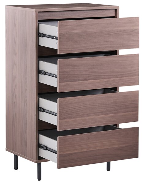 Komoda tmavohnedá MDF 104 x 60 x 40 cm čierne kovové nohy 4 zásuvky úložný priestor moderný štýl obývačka spálňa predsieň