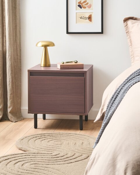 Nočný stolík tmavohnedý MDF 45 x 45 x 40 cm čierne kovové nohy 1 zásuvka úložný priestor moderný štýl spálňa