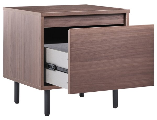 Nočný stolík tmavohnedý MDF 45 x 45 x 40 cm čierne kovové nohy 1 zásuvka úložný priestor moderný štýl spálňa