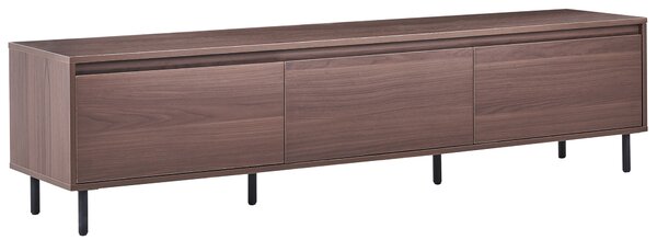 TV stolík tmavé drevo MDF 180 x 40 x 43 cm čierne kovové nohy 3 dvierka úložný priestor moderný štýl obývačka spálňa
