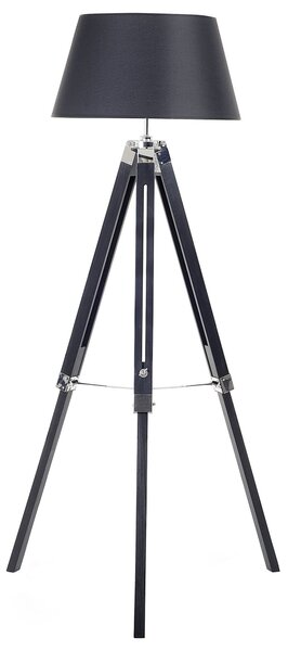 Stojaca lampa čierne drevo 143 cm látkové tienidlo trojnohý drevený statív výškovo nastaviteľný dlhý kábel s vypínačom Moderný dizajn