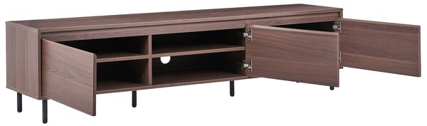 TV stolík tmavé drevo MDF 180 x 40 x 43 cm čierne kovové nohy 3 dvierka úložný priestor moderný štýl obývačka spálňa