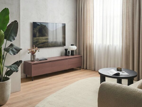 TV stolík tmavé drevo MDF 180 x 40 x 43 cm čierne kovové nohy 3 dvierka úložný priestor moderný štýl obývačka spálňa